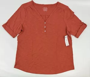NEW Chico’s Cotton Elbow Henley Tee Top Short Sleeve Sz L 2 Canyon Red Women’s - Picture 1 of 9