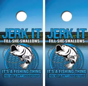 KT Cornhole Wraps Jerk It Fishing laminato Cornhole Vinyl Wraps / adesivo - Foto 1 di 1