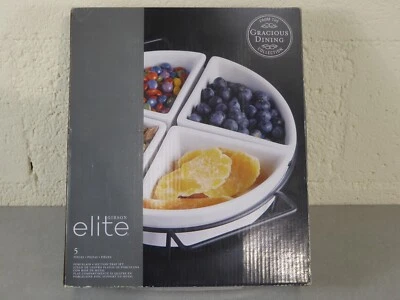Gibson Elite 5 Piece 4 Section Porcelain Serving Tray Set W/Metal Holder NEW - Image 1 of 4