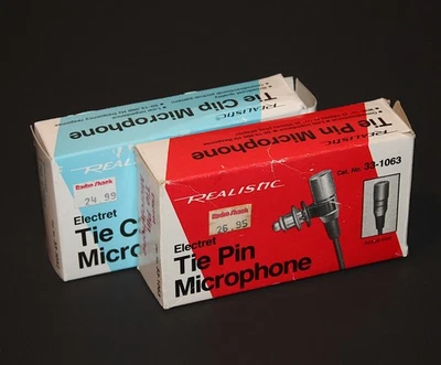 2 Realistic Electret Tie Clip Microphones 33-1063 & 33-1052 In Box, Instructions - Image 1 of 4