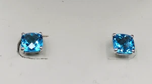 14 Karat Weißgold Blautopas Ohrstecker - Kissenschliff, 6 mm, gemarkt 585 cG - Bild 1 von 9
