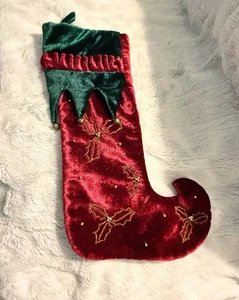 Red  Green Velvet Velour Gold Ric-Rac & Beading "Elf Boot Stocking" Christmas A7 - Picture 1 of 9