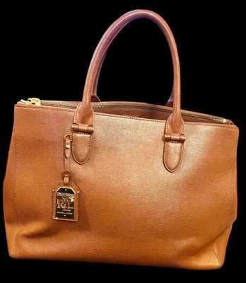 Lauren Ralph Lauren Newbury Brown double zip tote satchel handbag vegan leather - Image 1 of 4