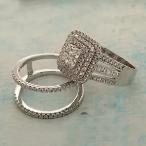 4 Ct Princess Cut Simulated Diamond Halo Engagement Trio Ring Set In 925 Silver - Picture 1 of 13