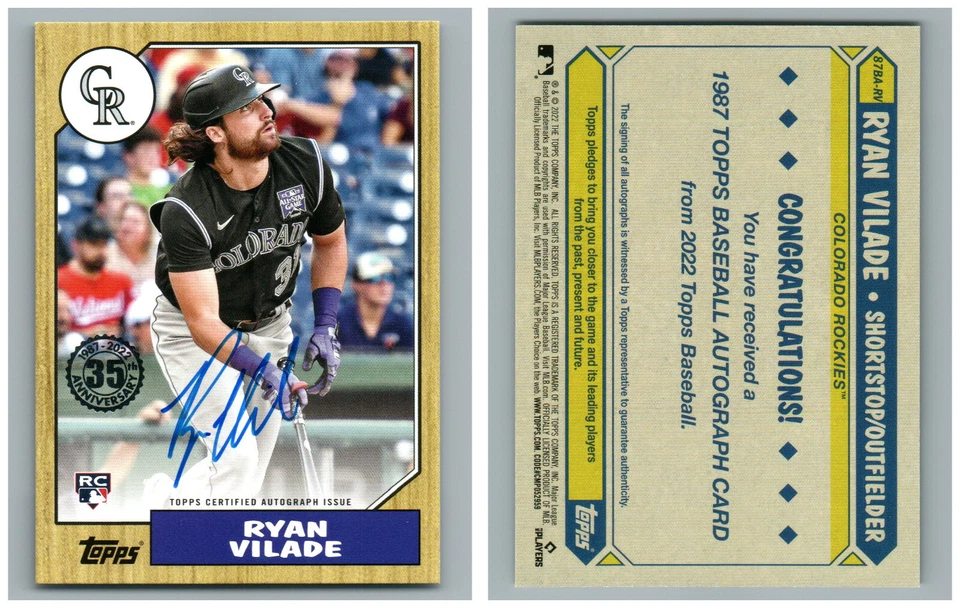 2022 TOPPS 1987 BASEBALL AUTO AUTOGRAPH ON CARD RC 87BA-RV RYAN VILADE ROCKIES - Image 1 of 1