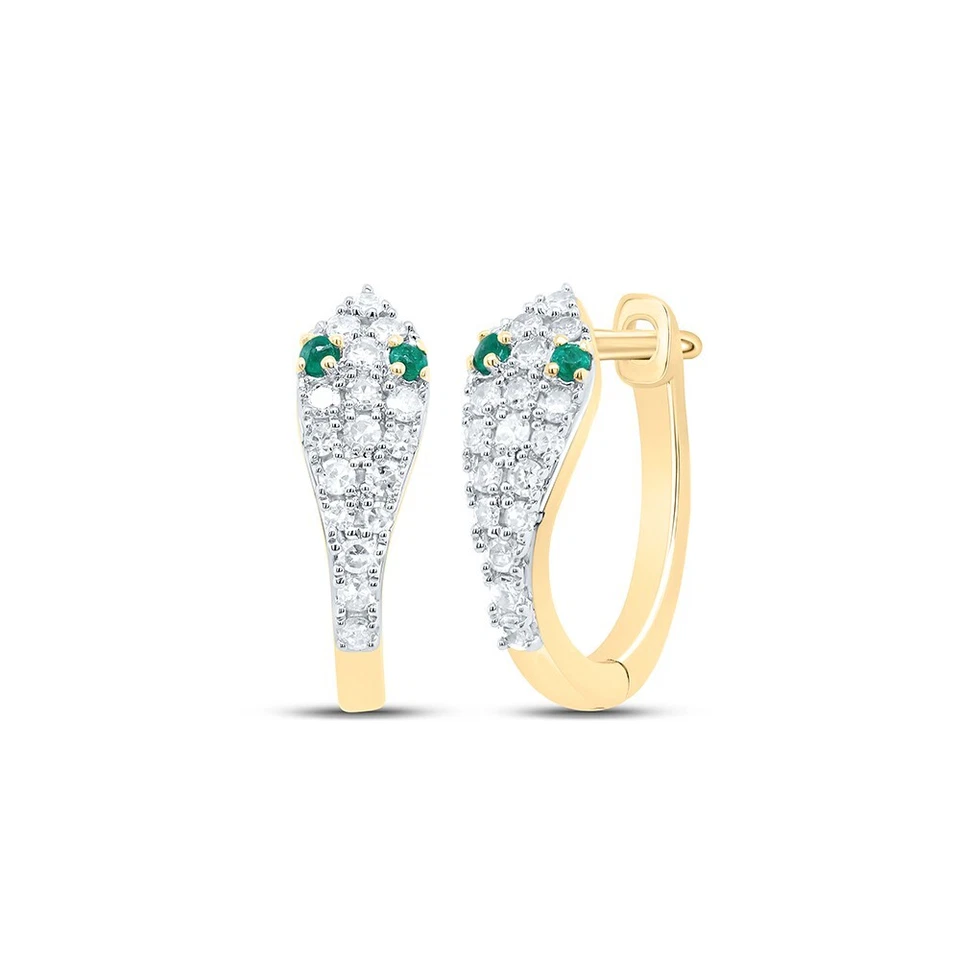 14k Yellow Snake Hoop Earring .03ct natural Emerald 1/5 ctw Diamond - Image 1 of 1