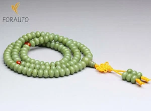 Tibetan Buddhism 108 Green Bodhi Root Flat Prayer Beads Mala Necklace 绿菩提根算盘珠佛珠 - Picture 1 of 5