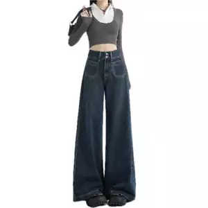 Womens High Waisted Wide Leg Jeans Dark Blue Denim Pants Straight Leg Trousers J - Picture 1 of 9