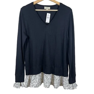 Loft Damen Pullover Größe M V-Ausschnitt Mixed Media schwarz weiß gepunktet adrett neu mit Etikett - Bild 1 von 7