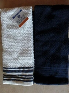 Kitchen Towels, Set of 3, 16" X 26", 100% Cotton, 2-Navy, 1 White w/navy accents - Picture 1 of 5