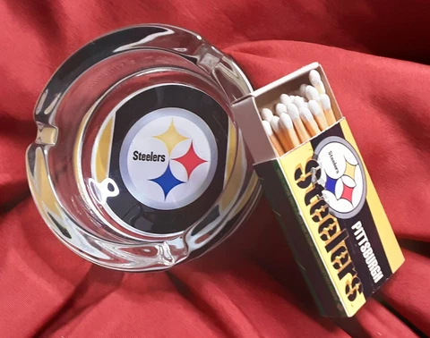 Vintage Pittsburgh Steelers Glass Ashtray and full Matchbox Cover