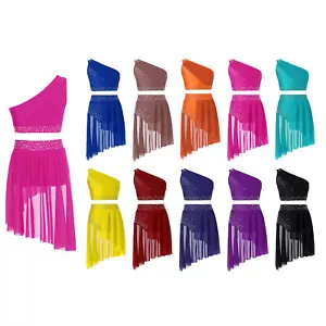 Kids Girls Lyrical Dance Outfit Rhinestone Crop Top With Skirted Briefs Shiny - Picture 1 of 65