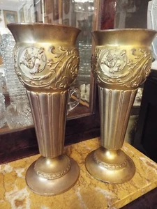 19TH CENTURY PAIR FRENCH DORE BRONZE GOLD GILT ART NOUVEAU VICTORIAN VASES - Picture 1 of 8