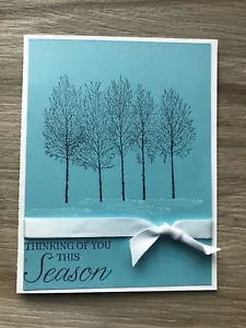 Card Set Of 4 Stampin Up Winter Woods Christmas Tree Shimmery Blue Season - Picture 1 of 2