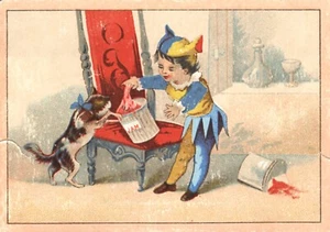 Abt. 1880er Jahre Store Chromo Card Cute Jester Dog Spilling Jam Victorian Trade Card - Bild 1 von 2