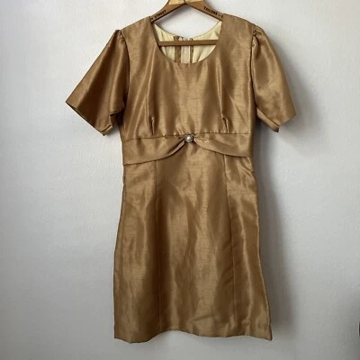 Vtg Shantung Silk Dress 60s gold custom made above knee pearl button detail S/M - Image 1 of 4