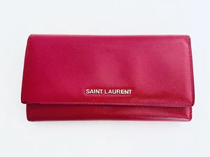 YSL Saint Laurent Paris Magenta Red Leather Long Envelope Zip Wallet W Papers - Picture 1 of 13