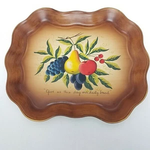 Hand Painted Metal Tray Fruit/"Give Us This Day" Mid Century AMERICAN FOLK ART - Picture 1 of 5