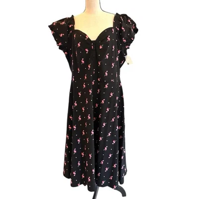 Unique Vintage Black & Pink Flamingo Polka Dot Print Ohara Swing Dress 2XL/18 - Image 1 of 4