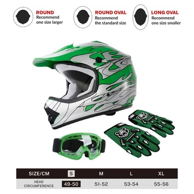 Casco ATV Juvenil Niños Aprobado por el DOT Cara Completa Motocross Motocicleta Todoterreno Verde Foto 1 de 4