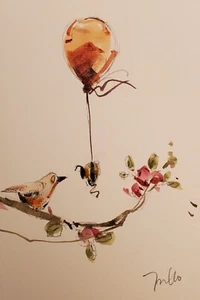 JOSE TRUJILLO Watercolor Painting Collectible ORIGINAL Bee Balloon Bird Flowers - Picture 1 of 8