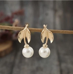 Anthropologie Cherry Pearl Earrings Gold Stud Drop Dangle Boho - Picture 1 of 6