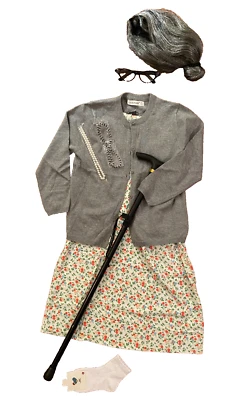 Disfraz de Vieja Dama 100º Día de Escuela Niña Talla 8-10 Peluca Bastón Suéter Vestido Floral Foto 1 de 4