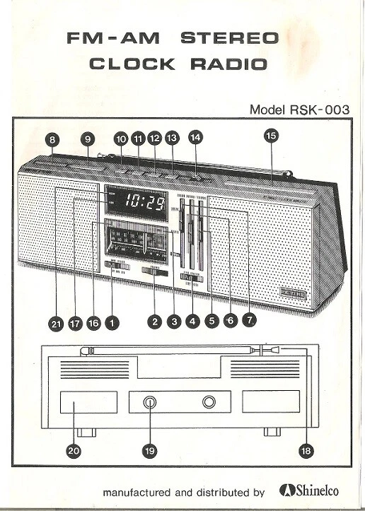 MANUALE ORIGINALE STEREO CLOCK RADIO MODEL RSK - 003 SHINELCO IN INGLESE ANNI 80 - Immagine 1 di 1