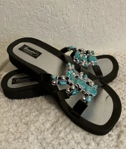 Grandco® Size 11 Women's, Beaded and Bejeweled Slip on Sandals Silver Turquoise - Picture 1 of 9