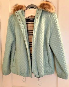 BURBERRY QUILTED JACKET W/ICONIC PLAID WOOL LINING &RACCOON FUR HOOD M SEA GREEN - Picture 1 of 10