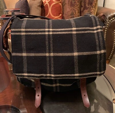 J Crew Gentleman’s Wool And Leather Messenger Bag Black Plaid - Image 1 of 4