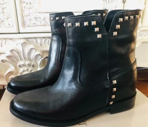 Loretta Pettinari Boots Black Leather Silver Studs Hidden Wedge Size 39 ItalyNIB - Picture 1 of 6
