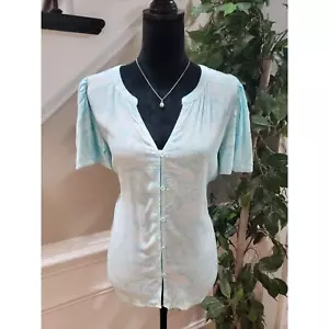Loft Blouse Top Women's Medium White & Blue Paisley Flared Short Sleeve V-Neck - Picture 1 of 12