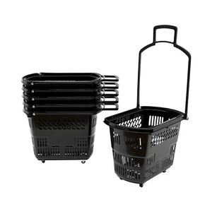 Black 35L Retail Cart Wheels w Handle Rolling Shopping Basket 6pc Trolley - Picture 1 of 12