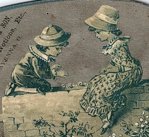 1880s N Converse & Son Dry Goods Ravenna OH Die Cut Children Sitting Brick Wall - Picture 1 of 4