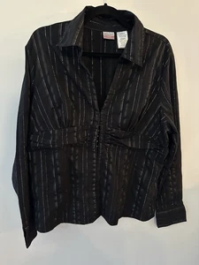 Vintage Y2K Blouse Black Metallic Stripe Hook Latch Shirt Goth Rave Juniors XXL - Picture 1 of 5