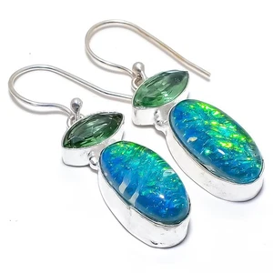Triplet Fire Opal Gemstone Handmade 925 Sterling Silver Jewelry Earring 1.9" - Picture 1 of 5