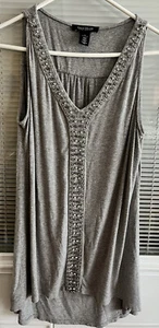 White House Black Market Top Gray Sleeveless Beaded Rhinestone Flowy Long Sz M - Picture 1 of 6