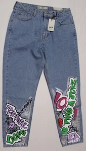 TOPSHOP HIGH WAISTED GLITTER GRAFFITI MOM JEANS US 32X30 (WAIST RUNS SMALL 31") - Picture 1 of 4