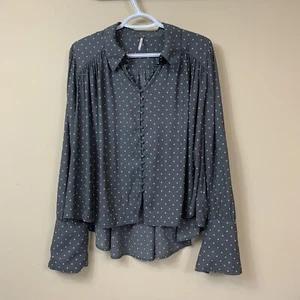 Free People Gray Polka Dot Button Front Hi Low Blouse Top Women’s Size S Retro - Picture 1 of 11