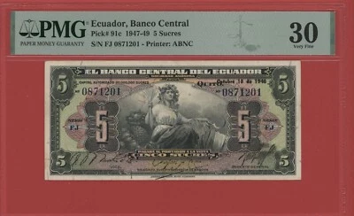 ECUADOR   5 SUCRES  1948  FJ  PICK # 91c  PMG 30 VERY FINE. - Image 1 of 2