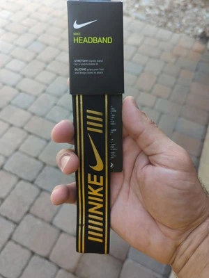 Nike ~ Swoosh Unisex Headband Stretchy Elastic Silicone Grip Metallic Gold Black - Image 1 of 3