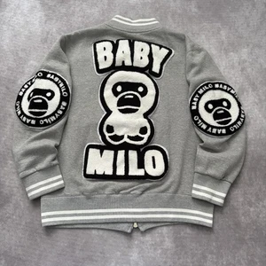 Baby Milo Jacket Mens 3XL Gray Chenille Patch Varsity Full Zip Made in Japan - Picture 1 of 16