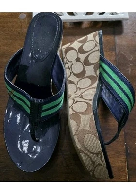 Sandalia Tanga Coach Gabriela Azul Verde Rayas Dorado Logo Caqui Plataforma Cuña 8.5 Foto 1 de 4