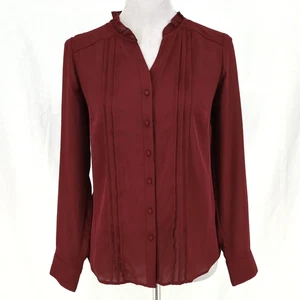 Nanette Lepore Top Womens Small Burgundy Blouse Pleats Ruffle Trim Career - Picture 1 of 13