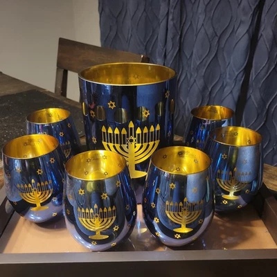 (7pc) Hanukkah Menorah Blue Mirrored Gold Wine Glasses w/bottle/ice container  - Image 1 of 4