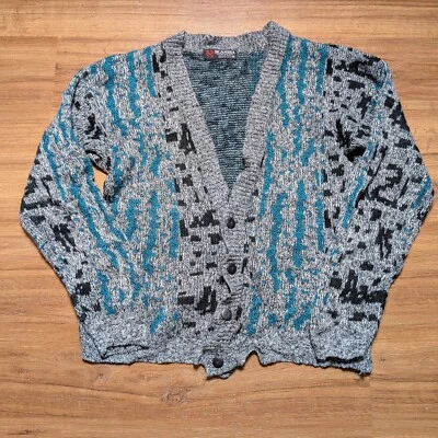 Vtg 80s Scandia Cardigan Sweater Mens Medium Geometric New Wave SOFT Acrylic USA - Image 1 of 4