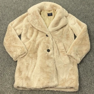 Abercrombie Fitch Faux Fur Coat Womens XS Beige Long Jacket Lined - Picture 1 of 12
