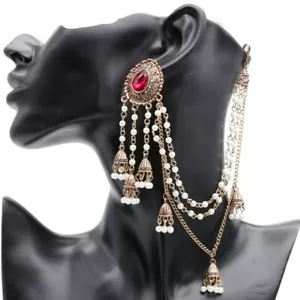 Modeschmuck roter Stein Sahara Kette lange traditionelle indische Jhumka Ohrringe - Bild 1 von 12