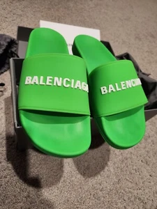 $325 Mens Balenciaga Logo Pool Slides Sandals Slippers Fluorescent Fluo Green 43 - Picture 1 of 11